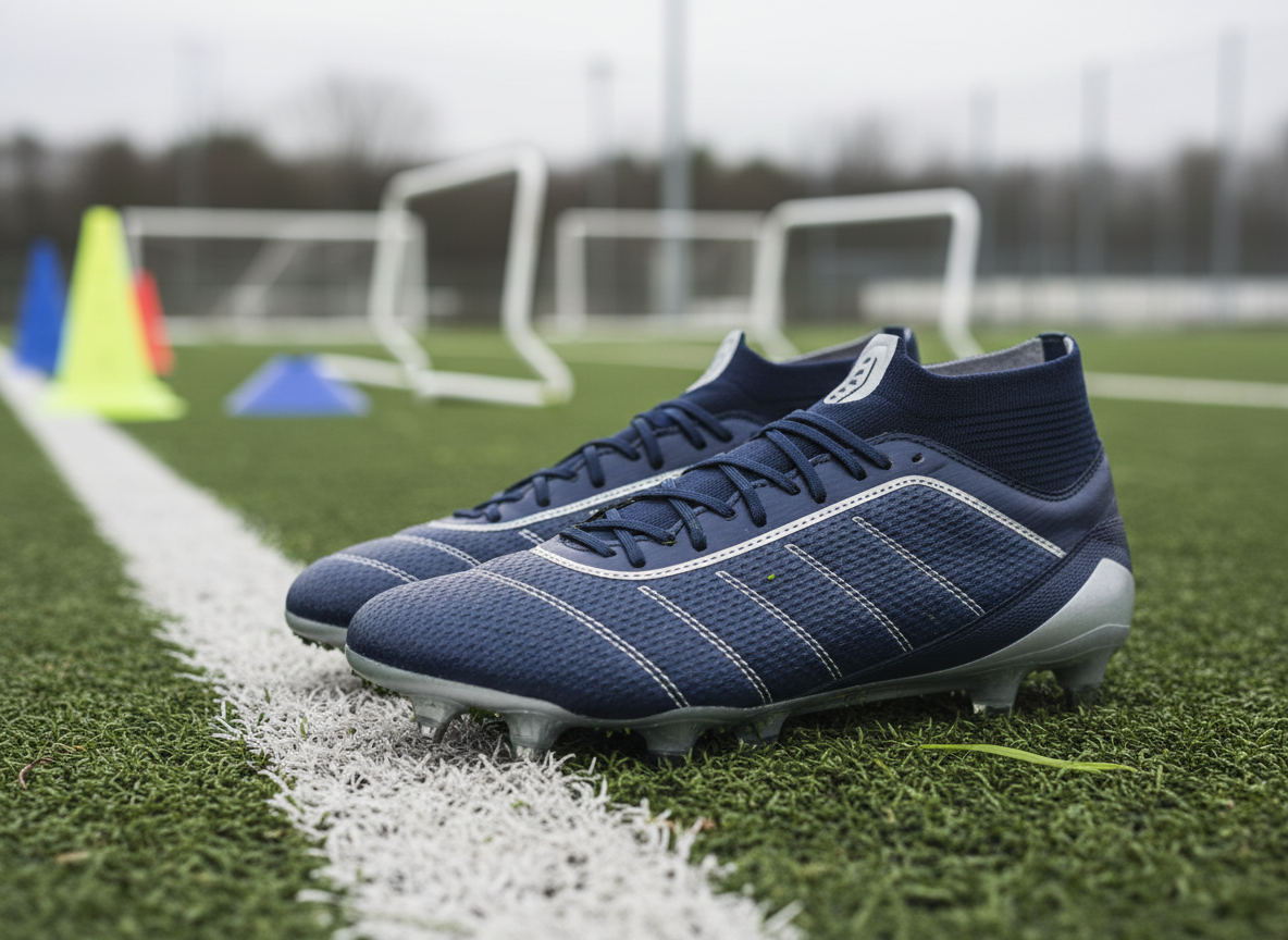 A pair of premium, brand‑neutral football boots in midnight blue and metallic silver resting on the edge of a training pitch line, their textured uppers and precisely stitched seams captured in crisp detail. Tiny grains of rubber and grass cling to the studs, suggesting recent high‑intensity play. In the background, out of focus, modern training equipment and goalposts hint at a professional environment without becoming generic. Soft overcast daylight provides even, diffused illumination, enhancing every texture while casting gentle, natural shadows. Framed in a close, low‑angle composition with shallow depth of field, the mood is aspirational and refined, symbolizing individual talent ready to be projected onto national and international stages in a clean, photographic realism style.