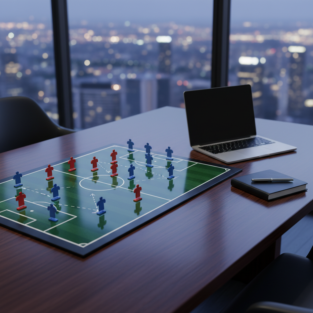 A sleek, dark wooden tactical desk in a modern office overlooking a softly blurred city skyline at night, suggesting global football connections. On the desk, a large glossy magnetic tactics board shows clean, logo‑free jerseys as colored markers arranged in a strategic formation beside a polished leather notebook and a minimalist laptop with a blank screen. Cool, controlled studio lighting mixes with gentle city glow from the window, creating subtle reflections on the board and desktop. Shot from a slightly elevated angle with sharp focus throughout, the composition feels ordered and analytical. The mood is sophisticated and professional, representing a high‑end football agency planning the next career move for elite talent in photographic realism.