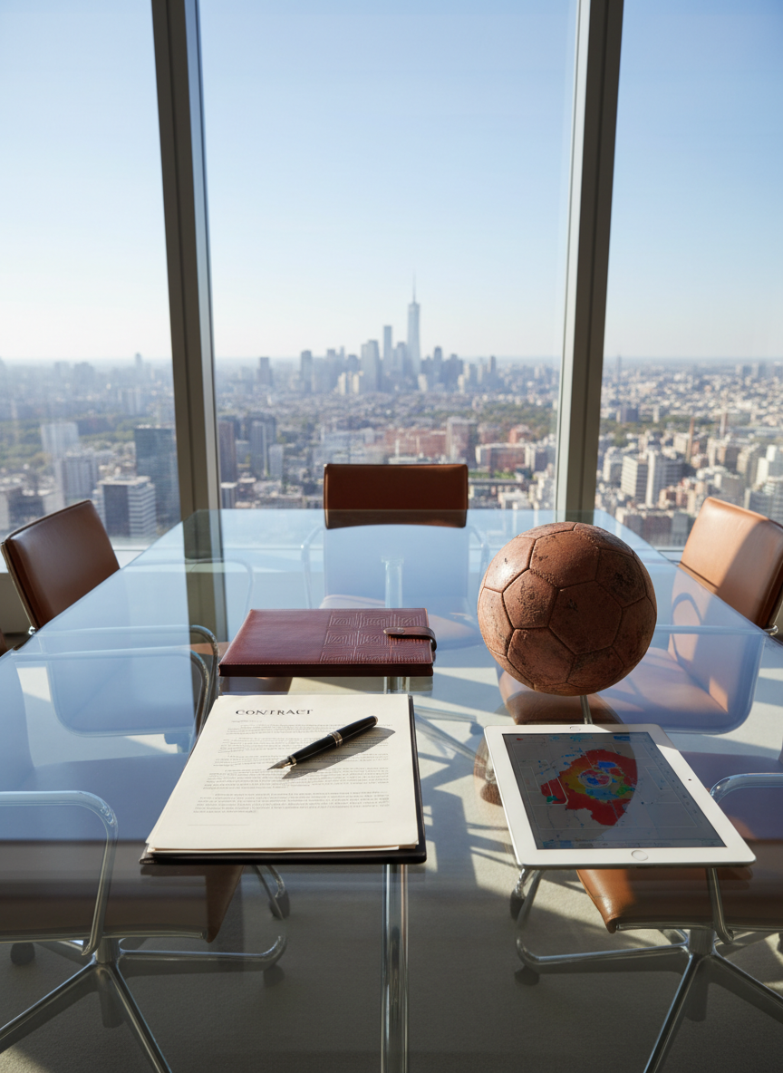 An elegant, glass‑topped conference table in a high‑rise office, set for a strategic football contract meeting. Centered on the table is a neatly stacked pile of blank contract papers beside a closed, high‑end leather folder and a polished metal pen. To one side lies a well‑worn, logo‑free football with visible scuff marks, and a tablet displaying a blurred heat map of a pitch, avoiding any readable data or text. Natural daylight streams in through floor‑to‑ceiling windows, creating soft reflections on the glass and a calm, confident atmosphere. Captured at eye level with balanced composition and photographic realism, the scene conveys trust, negotiation, and long‑term career planning with a sophisticated, international feel.
